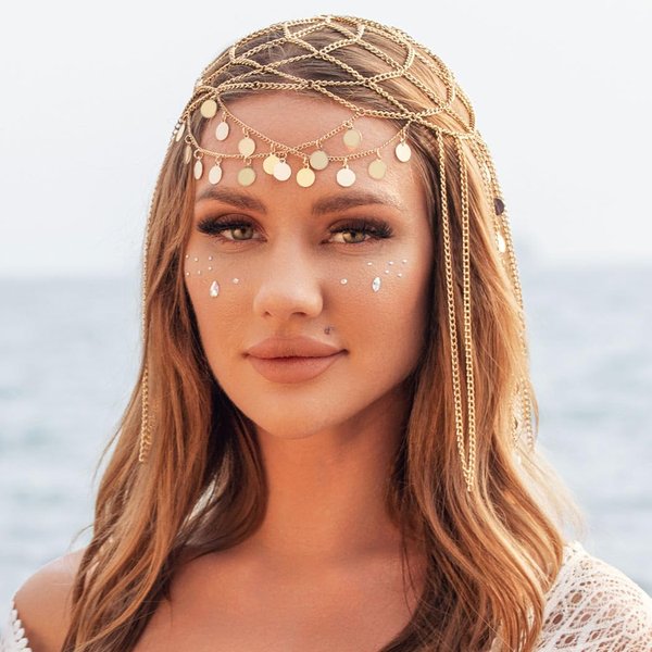 Aukmla Sequin Head Chain Gold 1920s Flapper Headpiece Cap Roaring 20s Halloween Festival Costume Hair Chains Headband for Women and Girls