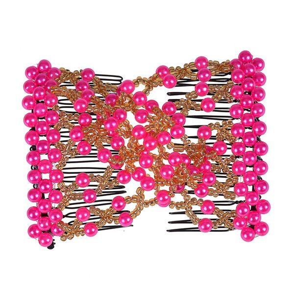 Ruihfas Delicate Women Girls Easy Stretch Pearls Combs Beaded Hair Comb Jewelry Double Clips (Rose)