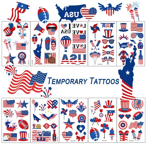 TopFunny Temporary Tattoos, 90Pcs Independence Day Tattoos (10 Sheets) American Flag Red White & Blue Design USA Body Art Patriotic Stickers for Labor Day Memorial Day Decoration Party Supplies Flags