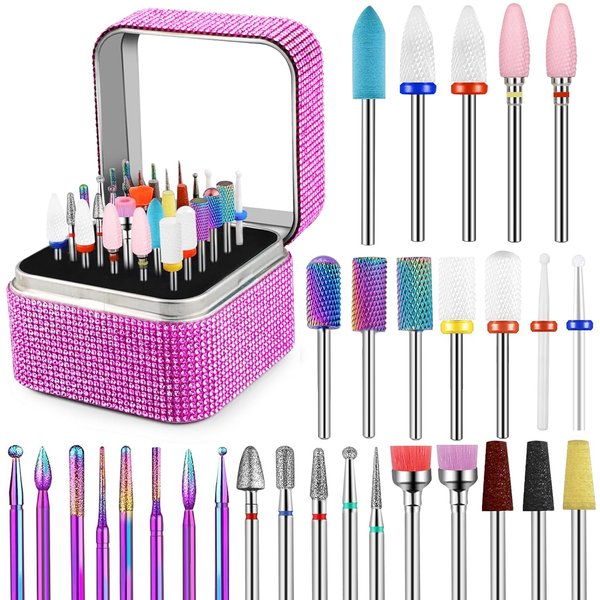 30Pcs Nail Drill Bits Set with Holder, 3/32 Inch Nail Drill Bits for Acrylic Nails, Ceramic Diamond Carbide Cuticle Efile Remover Bits for Home Salon Acrylic Gel Nail Polish