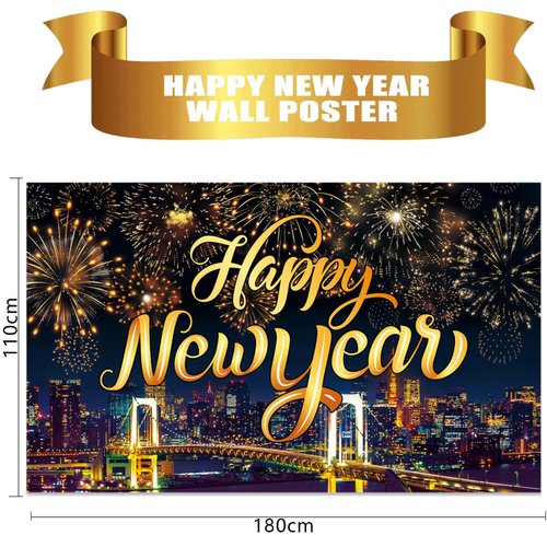 Happy New Year Backdrop, Happy New Year Decorations 2025 New Year Banner with Firework Pattern, New Years Eve Party Supplies 2025