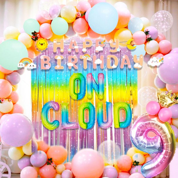 LaVenty 57 PCS Rainbow On Cloud 9 Balloons On Cloud 9 Birthday Decoration On Cloud 9 Cake Topper Nine Years Old Birthday Balloon On Cloud 9 Party Supplies Cloud Balloon