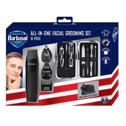 Barbasol Grooming Kit for Men, 16 Piece Men’s Grooming and Manicure Travel Set, includes Trimmer Clippers, 5 Position Clipper Guards, Nose & Ear Trimmer, Manicure and Pedicure Kits, and More, Black