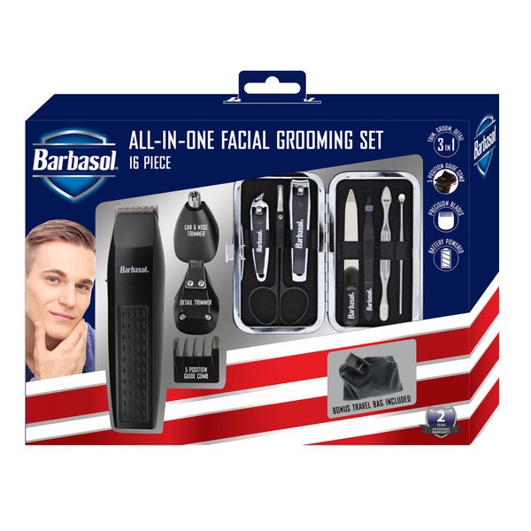 Barbasol Grooming Kit for Men, 16 Piece Men’s Grooming and Manicure Travel Set, includes Trimmer Clippers, 5 Position Clipper Guards, Nose & Ear Trimmer, Manicure and Pedicure Kits, and More, Black