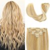 TCBOP Clip in Hair Extensions Real Human Hair Caramel Blonde to Bleach Blonde Highlight 16inch 100g 7pcs Straight Hair Extensions Clip ins for Women Soft Natural No Tangles