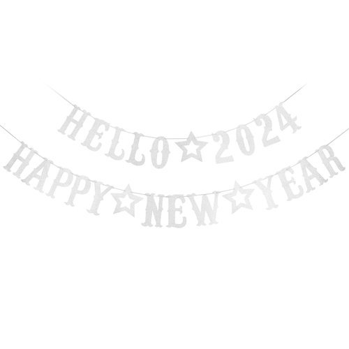 Silver Hello 2024 Happy New Year Banner 2024 New Years Banner, Nye Banner 2024 New Year Eve Banner 2024 for Happy New Year Party Decorations 2024, New Years Eve Party Supplies 2024