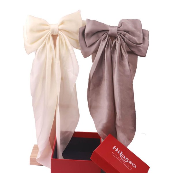 Hibasso 2-Piece Silky Satin Hair Bows Set for Women, Girls with Long Tails and Metal Clips – Aesthetic bow hair clip, Stylish Hair Accessories (Gray & Beige)