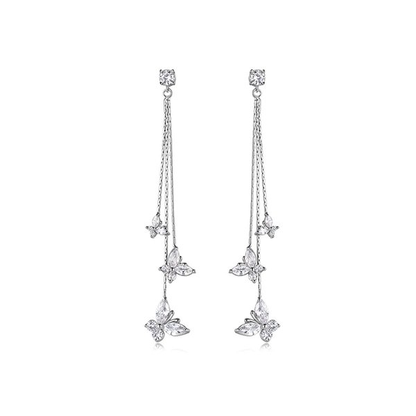 Crystal Butterfly Pendant Tassel Earrings Long Zircon Butterfly Drop Dangle Earrings Jewelry for Girls Women (Crystal Butterfly Earrings-Silver)