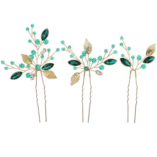 3 Pieces U Shape Wedding Hair Pins for Bride Wedding Hair Pieces Gold Leaf and Green Rhinestones Hair Clips for Bridesmaid Women and Flower Girls Hair Accessories