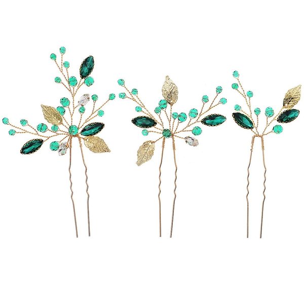 3 Pieces U Shape Wedding Hair Pins for Bride Wedding Hair Pieces Gold Leaf and Green Rhinestones Hair Clips for Bridesmaid Women and Flower Girls Hair Accessories