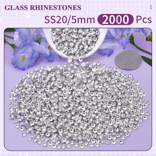 2000PCS SS20/5mm Crystal Rhinestones (Clear), Bedazzling Flatback Glass Rhinestones for Crafting DIY Nail Art Makeup Decoration, Gems Diomand Charms for Tumbler Shoes Clothing Mug