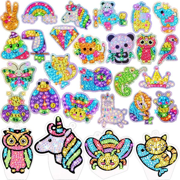 Gem Painting Kit for Kids, 24 Pieces DIY Painting Stickers, 4 Suncatchers and DIY Painting Tools to Create Your Own Diamond Stickers Cute Art Crafts for Girls Boys