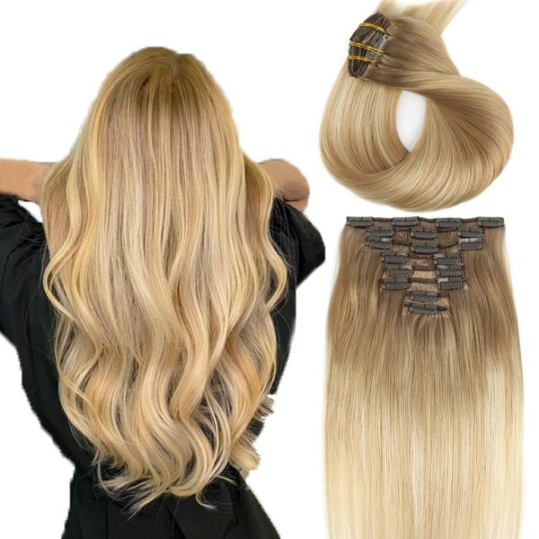 ABH AMAZINGBEAUTY HAIR Hair Extensions Real Human Hair Clip ins 22 Inch Ombre Balayage Light Brown to Ash Blonde Mix Platinum Blonde Straight Hair Extensions Clip in B8-18-60 Straight Hair 8pcs/120g