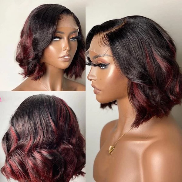 99J Ombre Colored Short Bob Lace Front Human Hair Wigs Body Wave For Women 13x6 HD Transparent Lace Wig 1B99J Side Part Brazilian Remy Hair Pre Plucked With Baby Hair Ocean Wave Bleached Knots 150% Density 12Inch