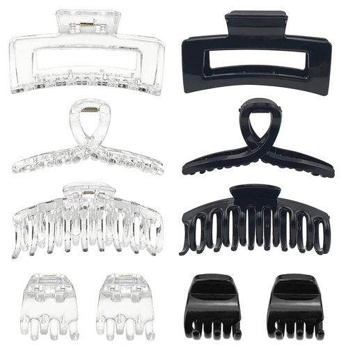 ECADY 10-Piece Hair Claw Clips Set, Assorted Sizes Strong Claw Hair Clips for All Hair Types, Hair Styling Accessories for Women, Men, Boys and Girls - (Black & Clear, 4.3 inch & 1.3 inch)