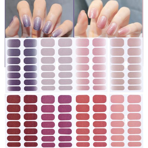 112 Pieces Nail Polish Sticker Full Wrap Nail Strip Supplies,8 Sheets Gradient Purple, Shiny Self-Adhesive Gel Nail Art Design Decals with Nail file for Women Girls Manicure Decoration Tips