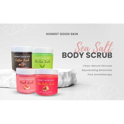 Honest Good Skin Sea Salt Scrub, 10oz Shea Butter Body Scrub, Exfoliating, Dead Skin Removal (Peach)
