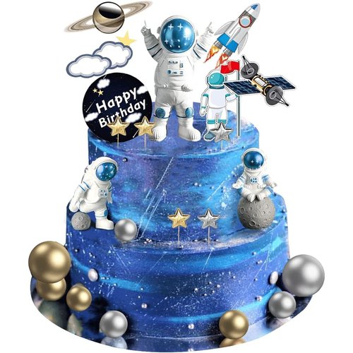 22Pcs Space Cake Topper,Space Cupcake Toppers Astronaut Figurine Birthday Outer Space Themed Party Decorations Supplies Planet Rocket Pearl Balls and Star DIY Cake Toppers for Kids Party Baby Shower