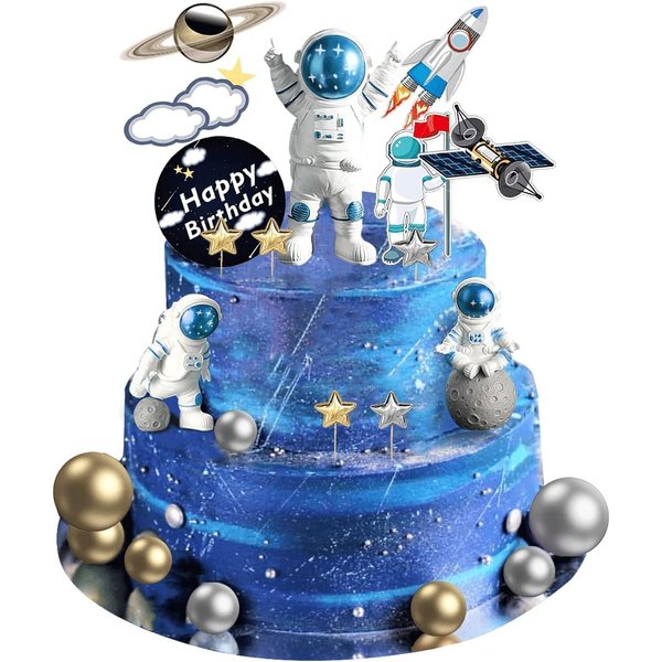 22Pcs Space Cake Topper,Space Cupcake Toppers Astronaut Figurine Birthday Outer Space Themed Party Decorations Supplies Planet Rocket Pearl Balls and Star DIY Cake Toppers for Kids Party Baby Shower