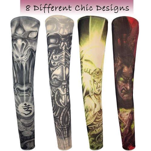 iToolai Temporary Tattoo Sleeves for Men, 8 pcs Set UV Protection Cooling Tattoo Arm Sleeves Slip on(Monster Designs)