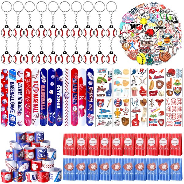 Jenaai 130 Pcs Baseball Party Favors Includes Baseballs Slap Bracelets Party Gift Bags Silicone Keychain Baseball Tattoo Baseball Stickers for Baseball Themed Sports Party Favors for Kids Students