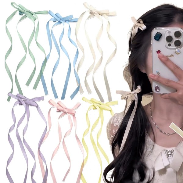 12PCS Ribbon Bow for Hair, Double Bowknots Hair Barrettes, Long Tassels Ribbon Hair Tinsel Clip, Kawaii Accessories for Women, Cute Bows Braiding Hair Accessories for Women