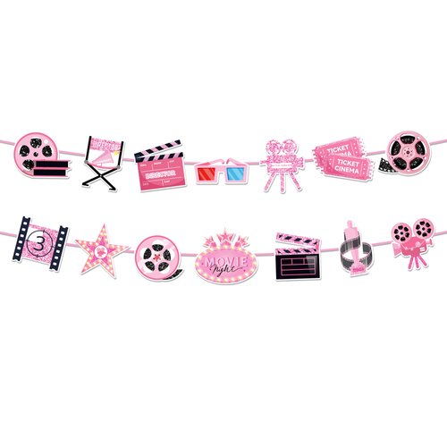 2pcs Pink Movie Night Party Garland – Easy-to-Assemble Popcorn, Camera & Film Themed Banners for Girls’ Birthdays, Baby Showers & Theater-Themed Celebrations