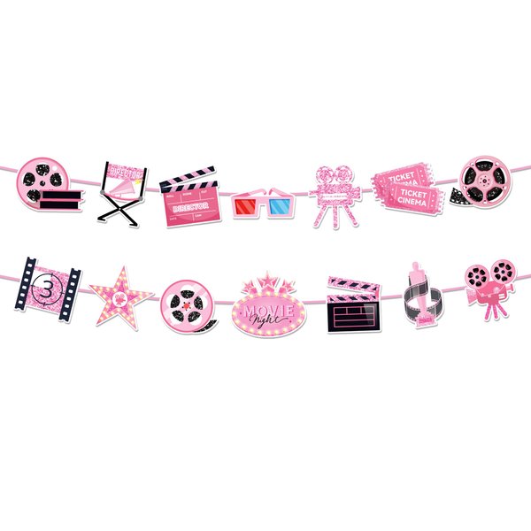 2pcs Pink Movie Night Party Garland – Easy-to-Assemble Popcorn, Camera & Film Themed Banners for Girls’ Birthdays, Baby Showers & Theater-Themed Celebrations