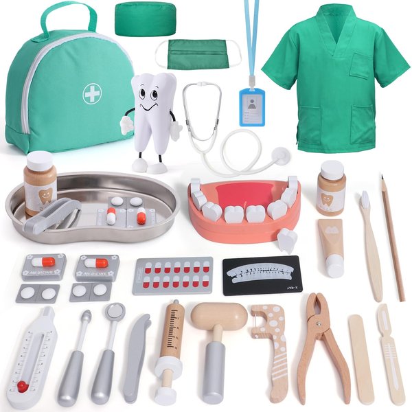 Atoylink Doctor Kit for Toddlers Kids Dentist Pretend Play Toy Set, 32Pcs Wooden Medical Kit with Dress Up Costume & Bag & Pretend Teeth & Doctor Toys Gift for Girls Boys 3 4 5 Year Old (Blue)