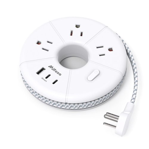 Flat Extension Cord, 5FT USB C Power Strip, Travel Power Strip - 3 AC 3 USB Ports (2 USB C) Desktop Charging Station, No Surge Protection for Cruise Ship Essentials, Dorm Room, Nightstand, Travel