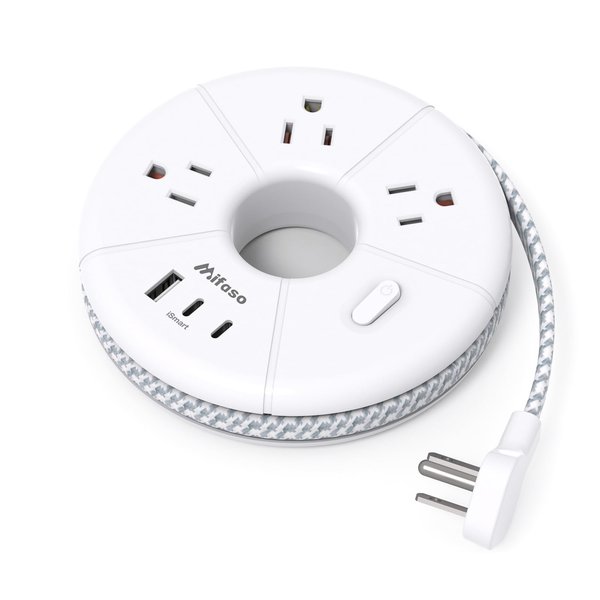 Flat Extension Cord, 5FT USB C Power Strip, Travel Power Strip - 3 AC 3 USB Ports (2 USB C) Desktop Charging Station, No Surge Protection for Cruise Ship Essentials, Dorm Room, Nightstand, Travel
