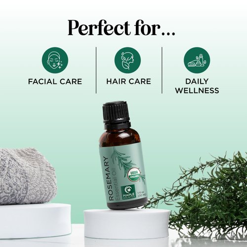 Certified Organic Rosemary Oil for Hair - Pure USDA Organic Rosemary Essential Oil for Hair Skin and Nails plus Aromatherapy - Organic Hair Oil for Dry Scalp Treatment and Enhanced Volume and Shine
