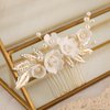 New Handmade Ceramic Flower Wedding Hair Accessories for Women Pearl Gold Alloy Leaf Wedding Hair Comb Bridal Jewelry Classical Wedding Headpiece for Bride