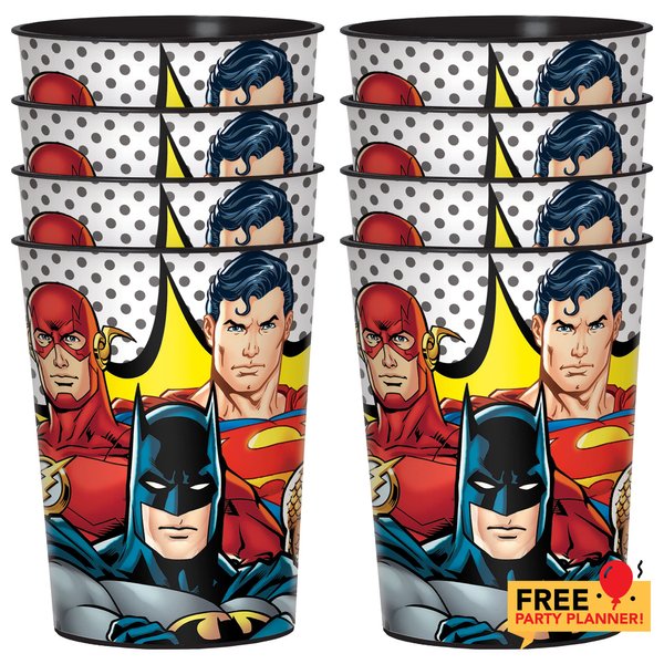 Amscan 8 Count Justice League Plastic Cups 16 oz - Sturdy Reusable Birthday Party Favor Kid Cup - Parties, Favors, Prizes - Classic Batman, Superman, and Flash Decorations Supplies Set
