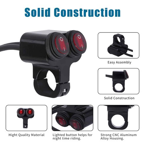 Stylemafia Waterproof Motorcycle ATV 7/8″ Light Bar Switch，Handlebar Double Control Kill Button Switch，Headlight Spotlights Hazard Brake Fog Light ON Off Switches 12v 16A (Red)