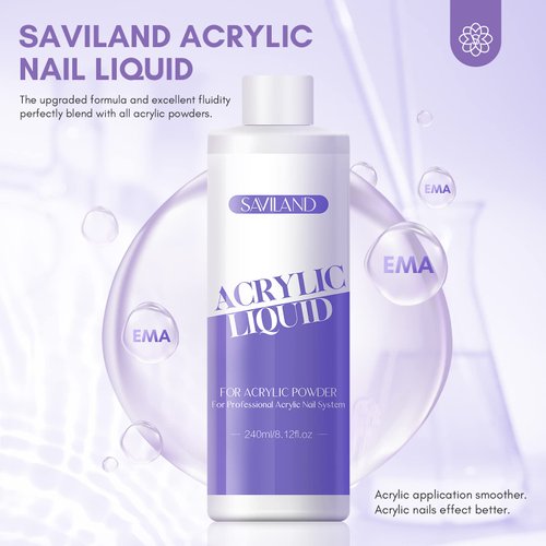 Saviland EMA Monomer Acrylic Nail Liquid 8oz: Low Odor EMA Nail Brush Size 12 for Acrylic Powder with Nail Forms Dappen Dish Cleaning Pads Acrylic Nail Tools for Beginners DIY Nail Extension