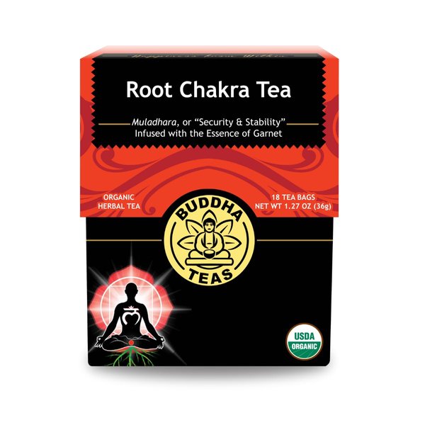 Buddha Teas - Root Chakra Tea - Organic Herbal Tea - For Security & Stability - With Ashwagandha Root, Raspberry Leaf, Cloves & Garnet Essence - 100% Kosher & Non-GMO - 18 Tea Bags (Pack of 1)