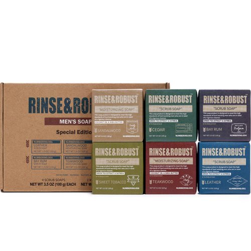 Rinse & Robust Mens Bar Set - Handmade Natural Soap Gift Set for Men, 6 Scents, Moisturizing & Exfoliating, 3.5 oz (6 bars)