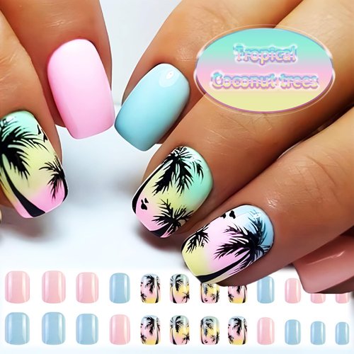 Summer Press on Nails for Manicure with Tropical Design, Glossy Black Coconut Trees Acrylic Short Square False Nails Gel Glue on Nails Beach Full Cover Fake Nails Stick on Nails for Women Girls 24Pcs
