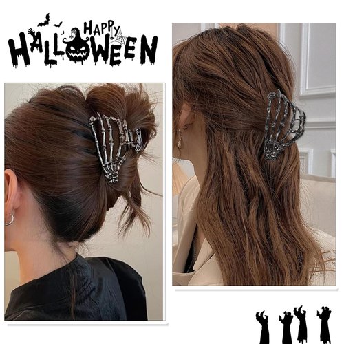 Halloween Hair Clips for Women Girls Skeleton Hand Hair Claw Clip Metal Black Hair Jaw Clips for Thick and Thin Hair Strong Hold Hair Accessories Halloween Hair Barrettes 1PCS