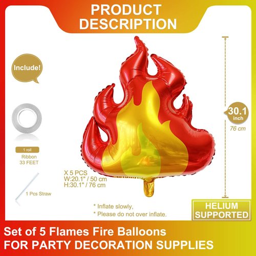 5 Pcs Fire Balloons Giant 30 Inch Red Flame Balloons Fire Shape Balloons Decorations for Firefighter Party Favors Firefighting Theme Kids Birthday Party Hunting Campfire Decoration Supplies