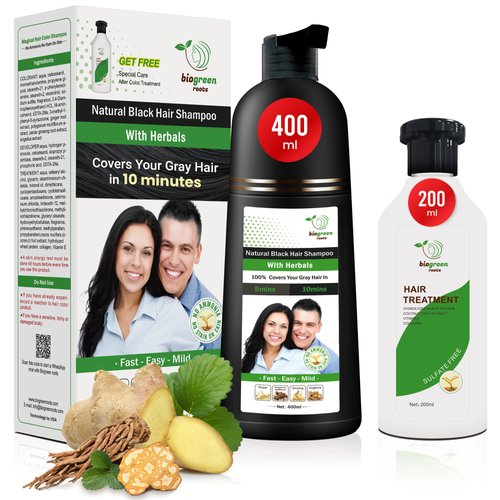 Biogreen Roots Natural Black Hair Shampoo & Conditioner Treatment - Grey Hair Coverage with Nourishing Botanicals, Suitable for All Hair Types, Ammonia & Paraben Free, 200 ml + 100 ml