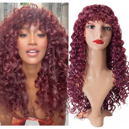 YXCHERISHAIR Curly Wigs for Black Women Red Afro Bomb Curly Wig with Bangs Long Curly Wavy Wig Synthetic Fiber Glueless Long Kinky Curly Hair (118, 24inch)