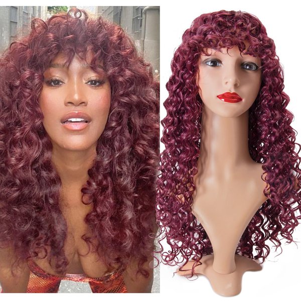 YXCHERISHAIR Curly Wigs for Black Women Red Afro Bomb Curly Wig with Bangs Long Curly Wavy Wig Synthetic Fiber Glueless Long Kinky Curly Hair (118, 24inch)