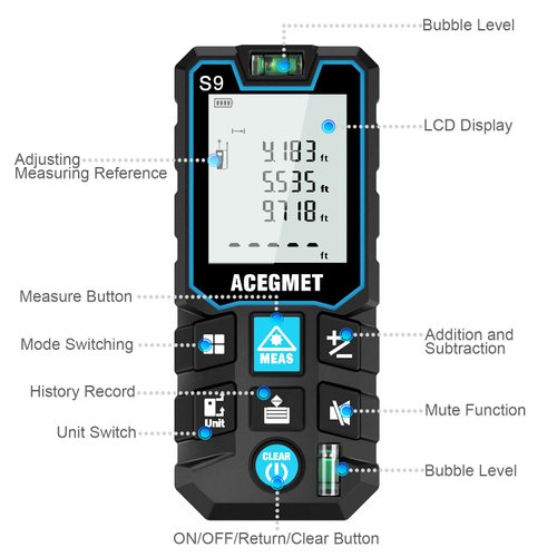 Laser Measure, ACEGMET Laser Measurement Tool (229Ft Ft/in/M) Backlit LCD with Mute Function Laser Distance Measure, Pythagorean Mode, Measure Distance, Area and Volume Laser Tape Measure