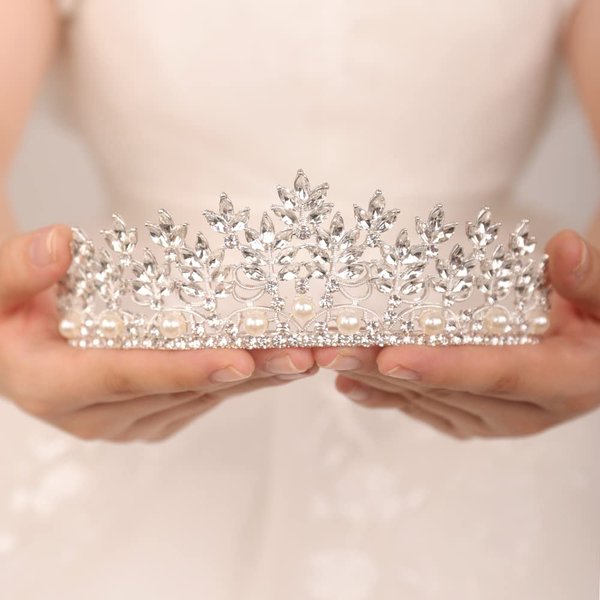 JWICOS Silver Wedding Tiara Crown for Brides and Bridesmaid Pearl Floral Queen Crown Bridal Headpieces for Women and Girls Royal Accessories for Birthday Prom Pageant Party Gift (Silver)