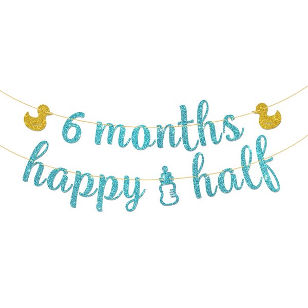 Happy Half Birthday Banner, Baby Shower Party Decoration Favors, Baby 6 Months Happy Half feeding bottle Sign Banner, 1/2 Birthday Baby Shower Party Supplies, Sky Blue, 6.3 Feet
