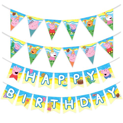 Treasures Gifted Officially Licensed Peppa Pig Birthday Party Supplies - Peppa Pig Birthday Banner (Set of 3) - 1 Peppa Pig Party Banner & 2 Peppa Pig Banner Pennants - Peppa Pig Party Decorations
