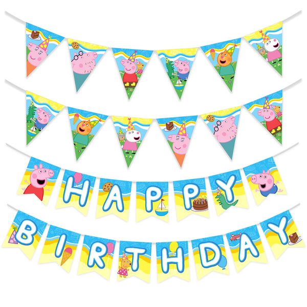 Treasures Gifted Officially Licensed Peppa Pig Birthday Party Supplies - Peppa Pig Birthday Banner (Set of 3) - 1 Peppa Pig Party Banner & 2 Peppa Pig Banner Pennants - Peppa Pig Party Decorations