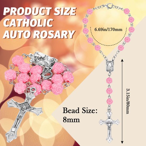 Konohan 2 Pieces Car Rosary Rearview Mirror Auto Rosary Religious Car Mirror Hanging Accessories for Car Personalized Protection Charm for Auto Decors (Rose)